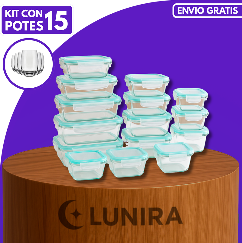 Kit con 15 Frascos Herméticos de Vidrio + 10 Vasos de Vidrio Aruba de Regalo